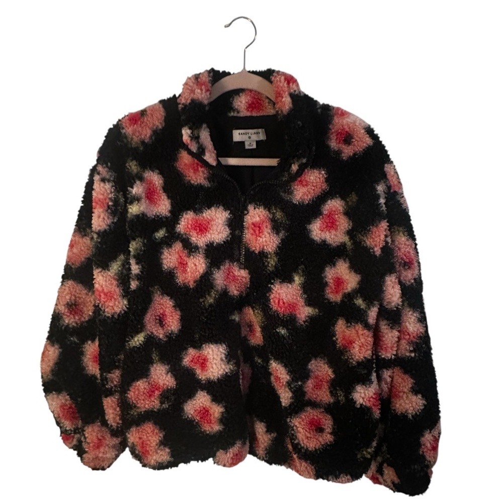 Sandy Liang Target Jacket Womens Medium Black Pink Sherpa Fleece Floral 1/4 Zip